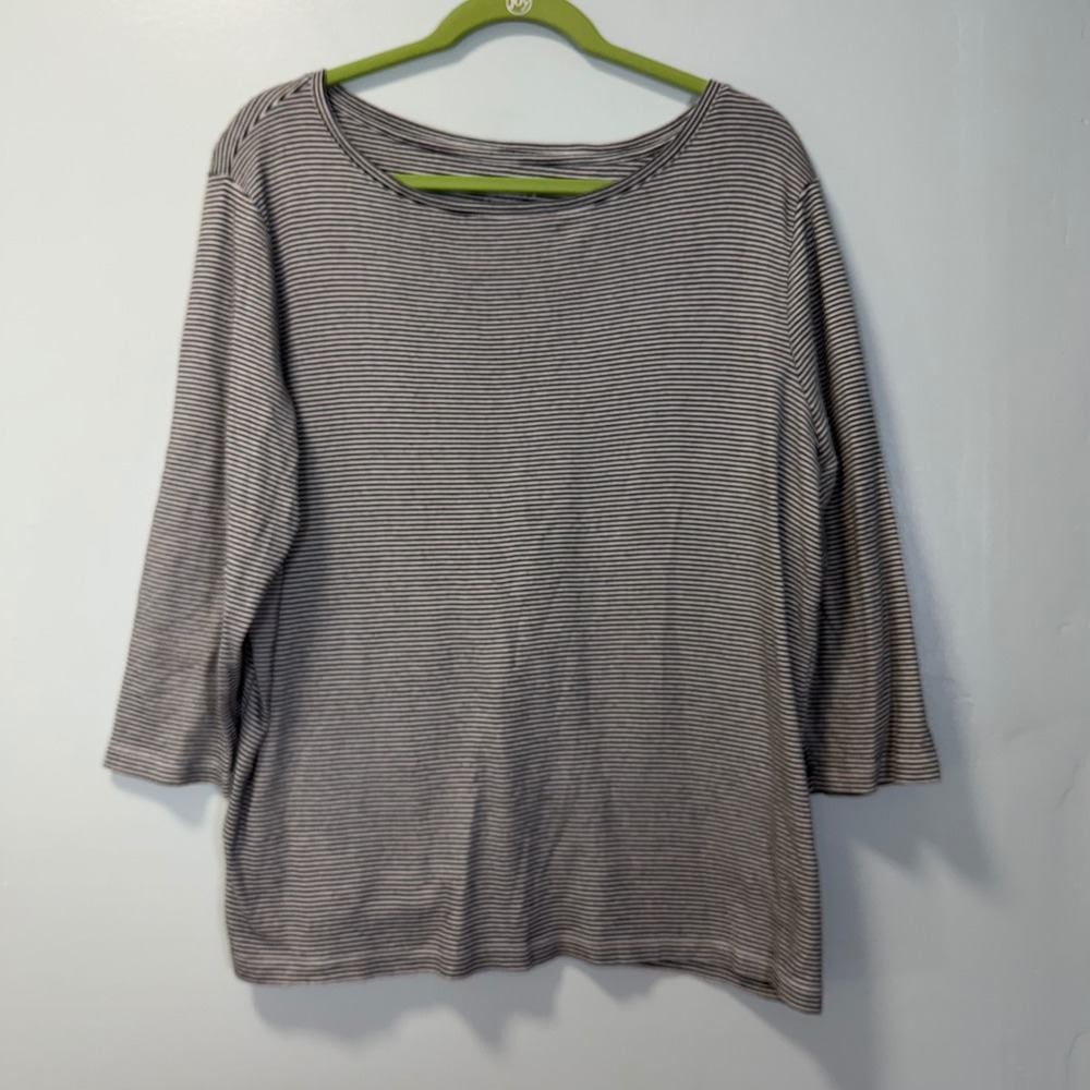 Talbots Woman 2X Pima Cotton Striped 3/4 Sleeve Boat Neck Top Black White